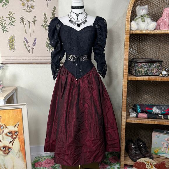 Vintage 80s Lace Bodice Party Dress Vampire Romantic Goth Whimsigoth Victorian S - Picture 1 of 8